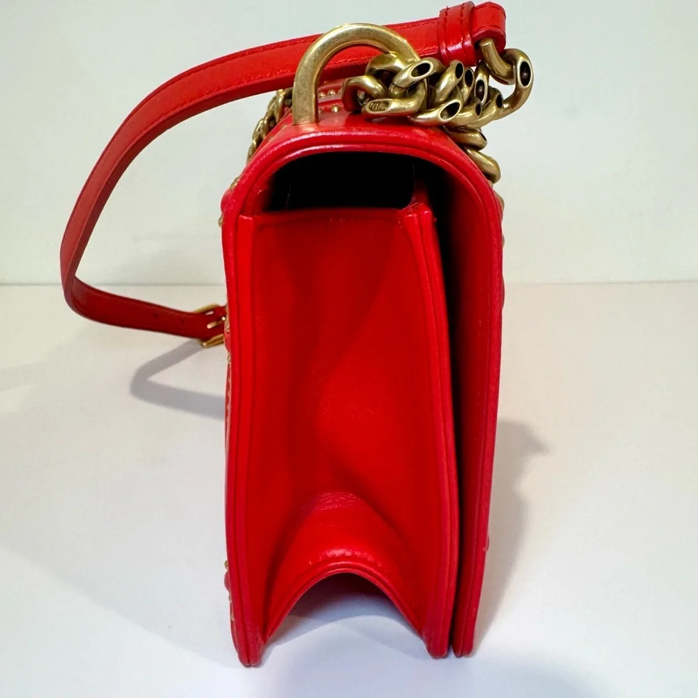 Christian Dior Diorama Red Leather Medium Flap Bag W Gold Studs & Chain Strap